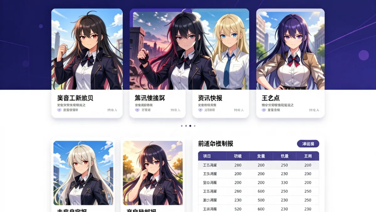 91 次元门户首页全貌示意图，展示动漫作品卡片、资讯栏目与平台对比区域的整体排布
